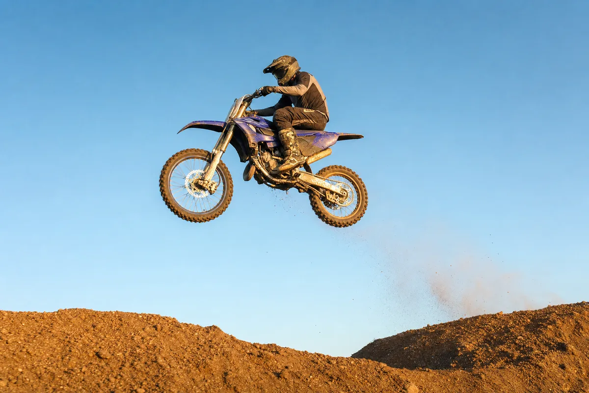 Pilote de motocross en plein saut au-dessus d’une bosse, moto à plat sur fond de ciel
