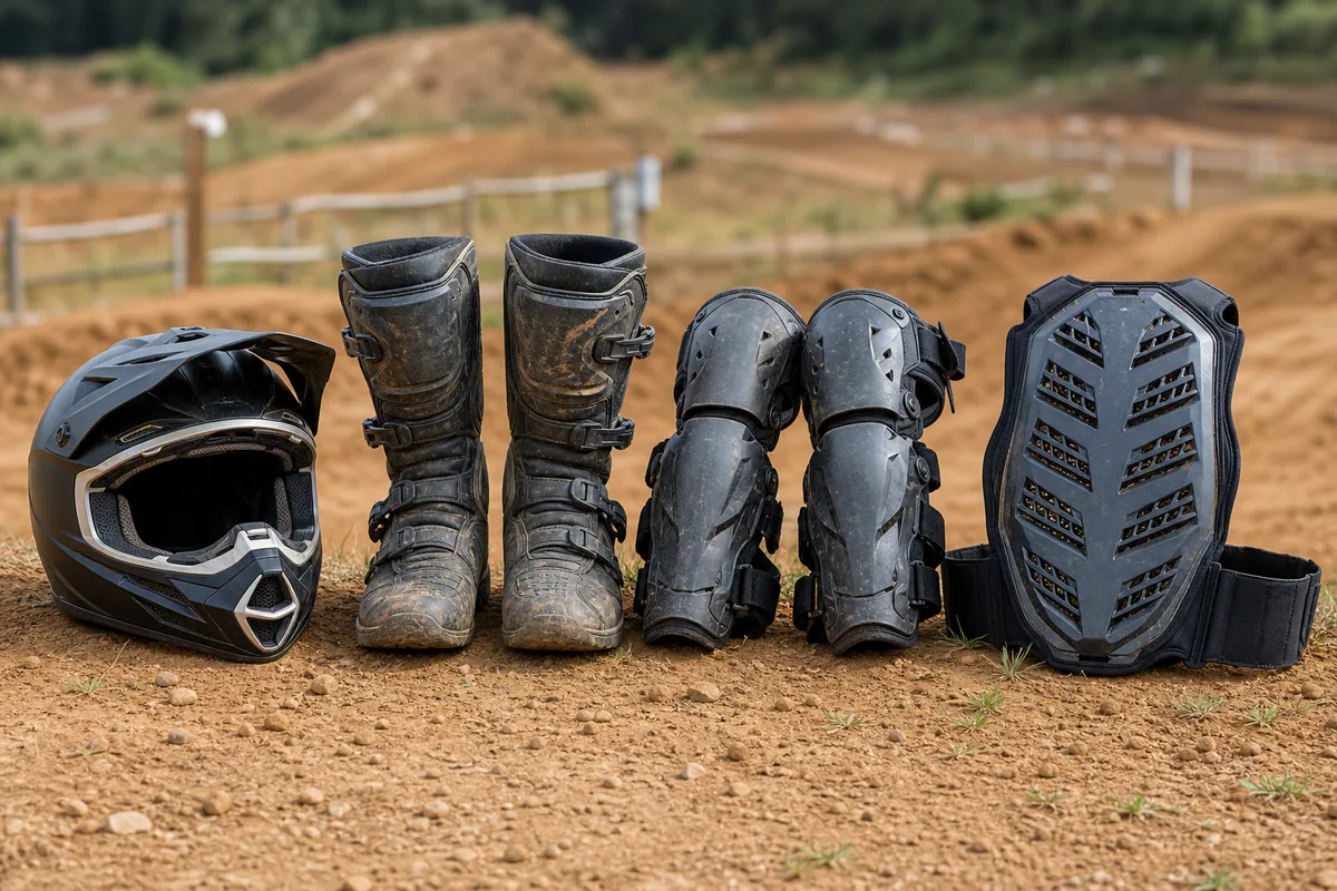 Genouillères, casque intégral et bottes de motocross posés au bord d’un circuit en terre
