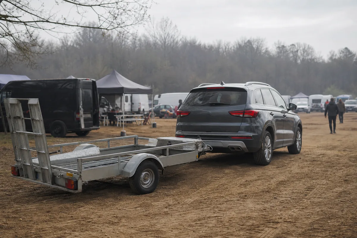 Remorque porte-moto attelée à un SUV sur un parking de circuit