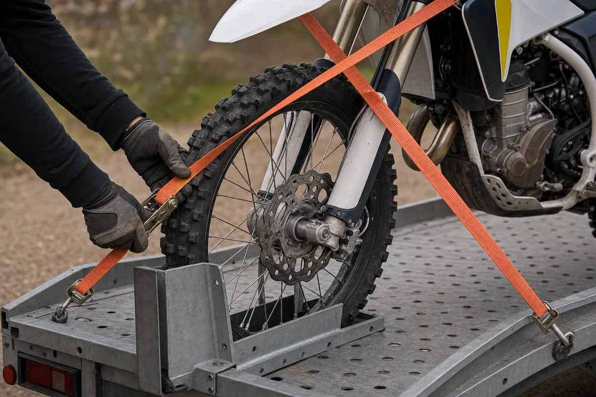 Moto cross sanglée sur une remorque avec sangles à cliquet