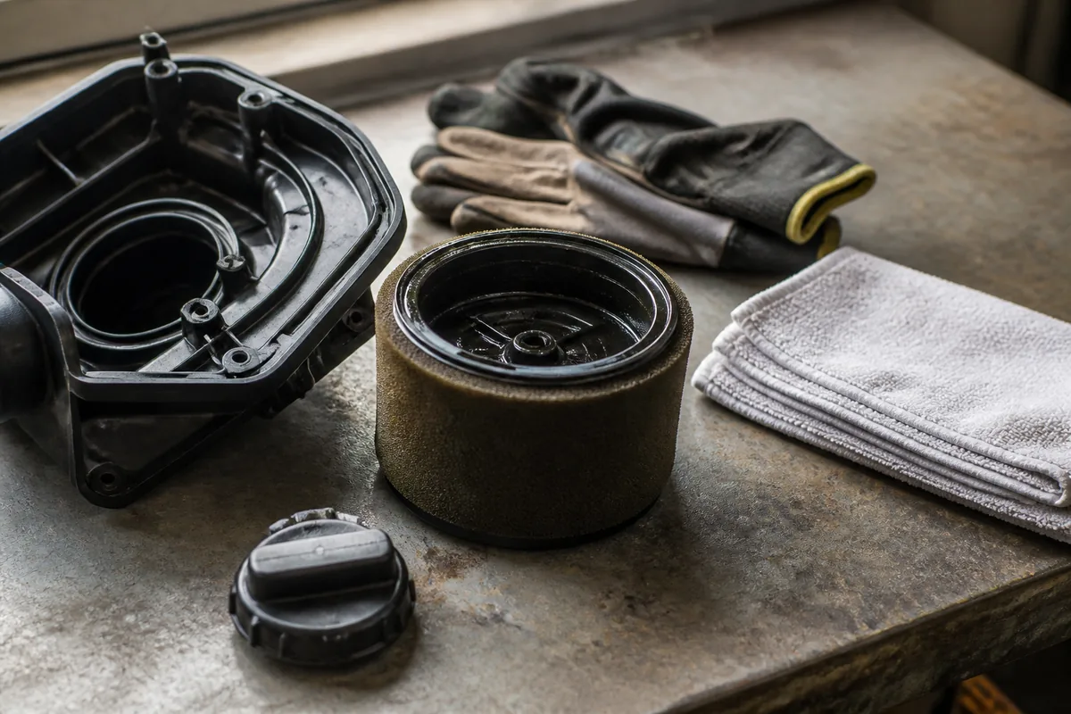 Filtre à air en mousse et boîte à air nettoyés posés sur un établi de garage