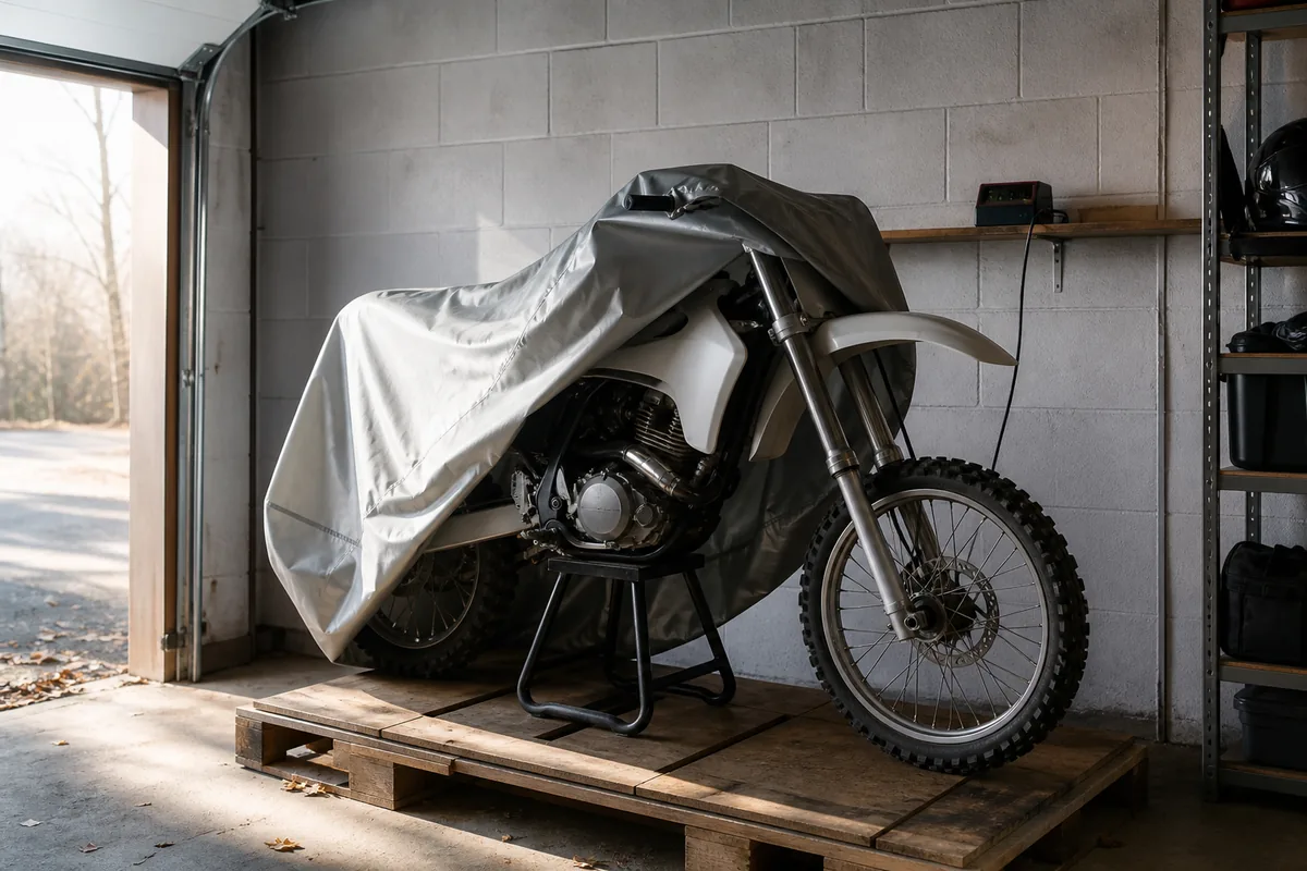 Moto cross générique sur trépied d&rsquo;atelier sous une bâche claire dans un garage rangé