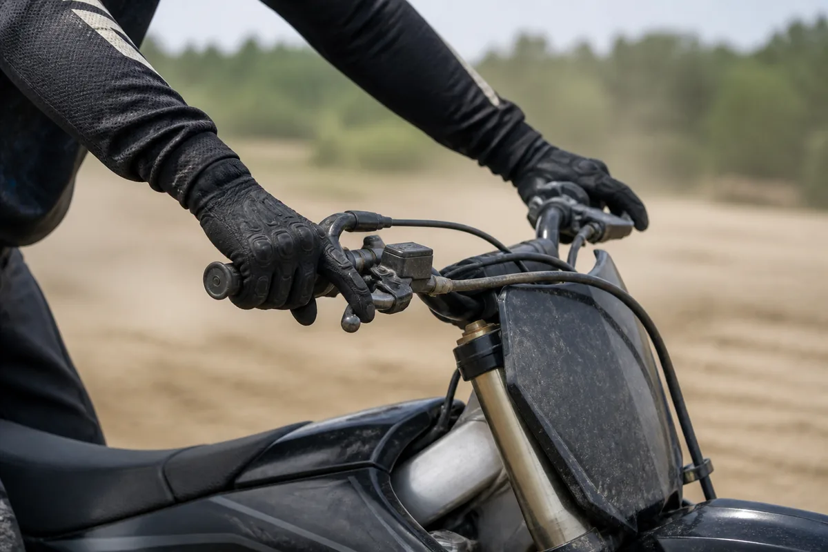 Mains gantées et avant-bras tendus en appui sur le guidon d&rsquo;une moto tout-terrain