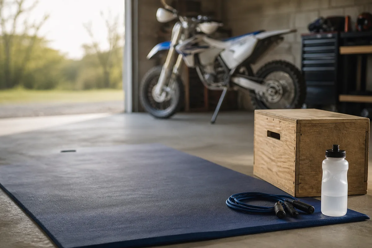 Garage aménagé en salle d&rsquo;entraînement avec tapis de sol et marche en bois